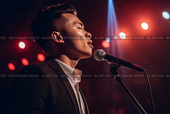 Chinese man singing on microphone. Generate ai. Стоковое AI-изображение, AI-художник Иван Рябоконь / Фотобанк Лори