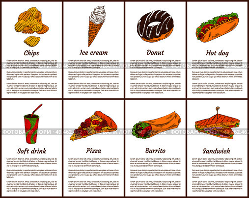 Chips and ice-cream fast food posters with information set. Sweet donut, hot dog and soft drink. Pizza slice and sandwich, burrito vector illustration. Chips and Ice-Cream Food Set Vector Illustration. Стоковая иллюстрация, агентство Ingram Publishing / Фотобанк Лори