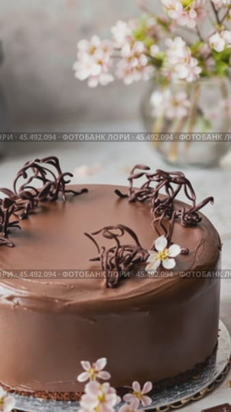 Chocolate cake decorated with chocolate twigs and spring flowers. Стоковое AI-видео, аниматор Юрий Поздников / Фотобанк Лори