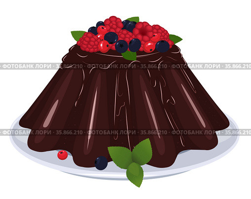 Chocolate cake with chocolate cream and berries. Стоковая иллюстрация, иллюстратор Татьяна  Коненкова / Фотобанк Лори