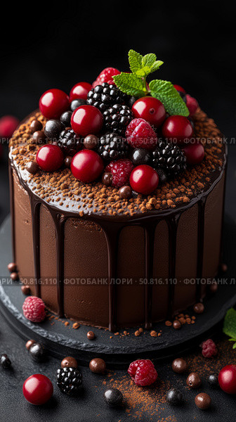 Chocolate dream: decadent cake with fresh berries & mint, tempting treat for dessert, design for confectionary shop, restaurant menu. Стоковое AI-изображение, AI-художник Данила Большаков / Фотобанк Лори