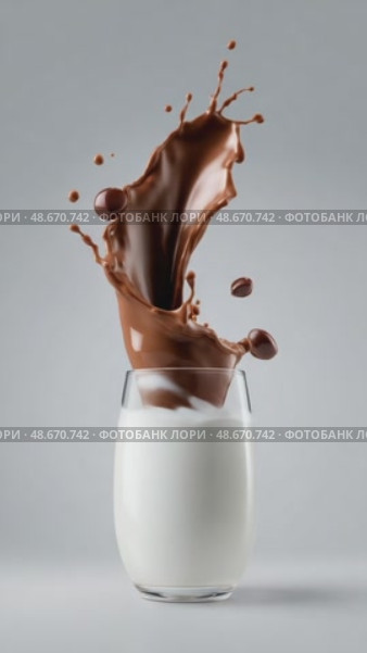 Chocolate splashing into milk glass on white background. Стоковое AI-видео, аниматор Юрий Поздников / Фотобанк Лори