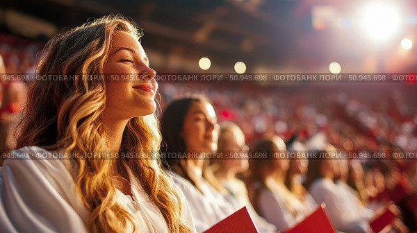 Choir Performance: Young woman enjoying concert sunlight. Стоковое AI-изображение, AI-художник Данила Большаков / Фотобанк Лори