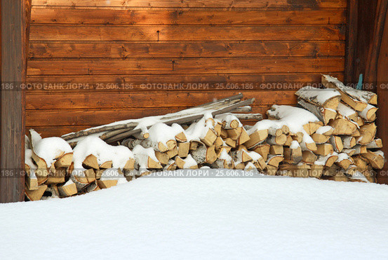 Chopped and stacked birch firewood covered with snow. Стоковое фото, фотограф Шилер Анастасия / Фотобанк Лори