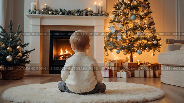 Christmas at home. Waiting for miracles and a gift. A cute little boy is sitting on the floor in a bright living room decorated for Christmas and New Year holidays. Стоковое AI-изображение, AI-художник Photojuli / Фотобанк Лори
