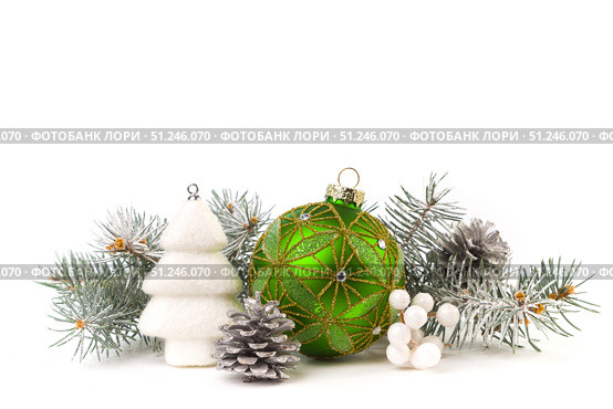 Christmas card with fir branches and Christmas decorations. Copy space. Стоковое фото, фотограф Ирина Толокновская / Фотобанк Лори