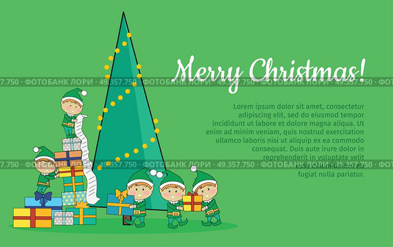 Christmas Elves packing presents near tree. Merry Christmas web banner. Christmas elves packing presents gift boxes according to wish list. Xmas holiday tree on background. Magic eve. New year and xmas concept. Cartoon flat style. Vector. Стоковая иллюстрация, агентство Ingram Publishing / Фотобанк Лори
