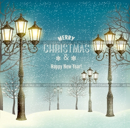 Christmas evening landscape with vintage lampposts. Vector. . Стоковая иллюстрация, агентство Ingram Publishing / Фотобанк Лори