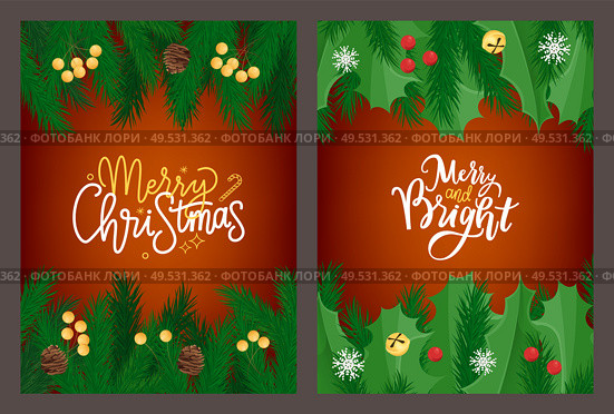 Christmas lettering on greeting card with mistletoe and spruce tree branches border. Red and yellow berries, snowflakes, merry and bright New Year. Merry Christmas lettering greeting card, mistletoe. Стоковая иллюстрация, агентство Ingram Publishing / Фотобанк Лори