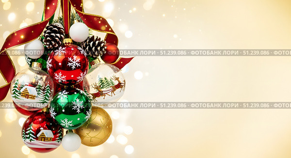 Christmas ornaments with pine cones and ribbon on festive golden background. Стоковое AI-изображение, AI-художник Александра Рублева / Фотобанк Лори