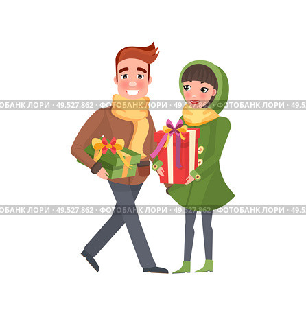 Christmas winter holidays preparation shopping vector. Couple man and woman shoppers holding presents boxes bought on sale. Gift exchanging tradition. Christmas Winter Holidays Preparation Shopping. Стоковая иллюстрация, агентство Ingram Publishing / Фотобанк Лори
