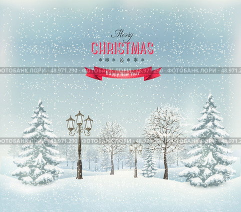 Christmas winter landscape with lampposts. Vector. . Стоковая иллюстрация, агентство Ingram Publishing / Фотобанк Лори