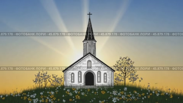 Church building on hilltop at sunrise with stylized effects. Стоковое AI-видео, аниматор Юрий Поздников / Фотобанк Лори