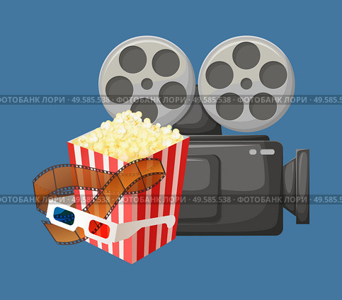 Cinema industry elements vector, package of popcorn with glasses for 3d movies, camera old fashioned device for making movies and filming scripts. Camera for Filming and Package of Popcorn Vector. Стоковая иллюстрация, агентство Ingram Publishing / Фотобанк Лори