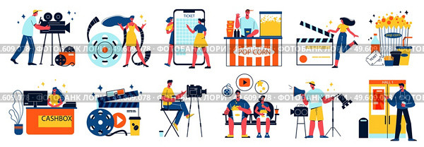 Cinema movie set of isolated icons with human characters and images of popcorn counters and reel vector illustration. Cinema Movie Icon Set. Стоковая иллюстрация, агентство Ingram Publishing / Фотобанк Лори