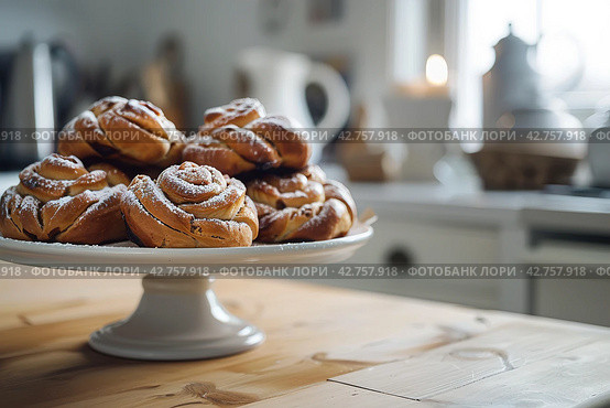 Cinnamon buns on a Scandi table. Image for cafe menu, Banner. Стоковое AI-изображение, AI-художник Ирина Ручушкина / Фотобанк Лори
