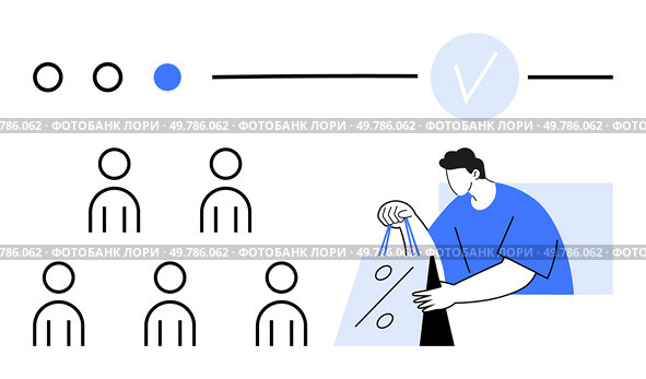 Circles demographic icons blue check mark, shopper holding discount bags. Ideal for marketing, demographics, customer targeting, advertising, sales, shopping, consumer behavior. Line metaphor. Targeted Marketing Illustration with Demographic Icons and Shopper Holding Discount Bags. Стоковая иллюстрация, агентство Ingram Publishing / Фотобанк Лори