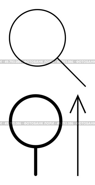 Circular magnifying glass and vertical arrow symbols in simple black lines. Ideal for search concepts, progress indicators, navigation guides, exploration themes, growth representation, direction. Minimalist symbols of magnifying glass and arrow pointing up representing search and progress. Стоковая иллюстрация, агентство Ingram Publishing / Фотобанк Лори