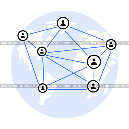 Circular network with interconnected user icons, representing global communication. Connections cover map of continents. Ideal for technology, communication, networking, global business, and collabora. Global Network Connections and Collaboration Across Continents. Стоковая иллюстрация, агентство Ingram Publishing / Фотобанк Лори