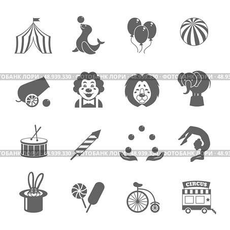 Circus graphic pictograms of juggling sealion acrobat stunt collection black icons set isolated vector illustration. Стоковая иллюстрация, агентство Ingram Publishing / Фотобанк Лори