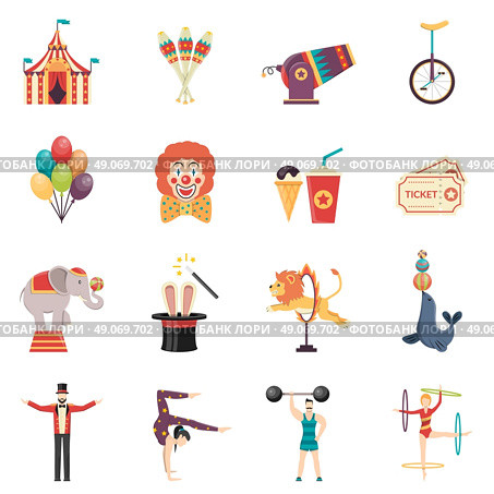 Circus Performance Flat Color Icons Set. Circus performance flat color icons set with clown balloons tent acrobat and trained animals isolated vector illustration. Стоковая иллюстрация, агентство Ingram Publishing / Фотобанк Лори