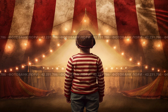 Circus tent arena performer striped child. Generate Ai. Стоковое AI-изображение, AI-художник Иван Рябоконь / Фотобанк Лори