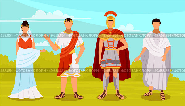 Citizens of ancient rome in traditional costumes set, legionary, roman woman, plebeian, emperor flat vector illustration. Ancient historical characters wearing in authentic clothes cartoon rome people. Citizens of ancient rome in traditional costumes set, legionary, roman woman, plebeian, emperor. Стоковая иллюстрация, агентство Ingram Publishing / Фотобанк Лори