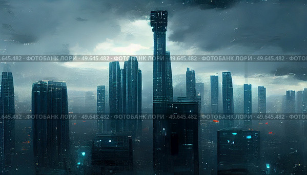 City in virtual reality, aerial view of cyberpunk city under storm clouds. City in virtual reality. Стоковое фото, агентство Ingram Publishing / Фотобанк Лори