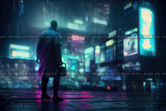 City in virtual reality, one man walking cyberpunk city street in neon lights. City in virtual reality. Стоковое фото, агентство Ingram Publishing / Фотобанк Лори