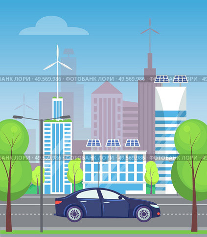 City street, road with trees and greenery. Car riding along skyscrapers and buildings, contemporary megapolis skyline, cityscape infrastructure. Vector illustration in flat cartoon style. Modern City with Skyscrapers and Roads Cars Vector. Стоковая иллюстрация, агентство Ingram Publishing / Фотобанк Лори