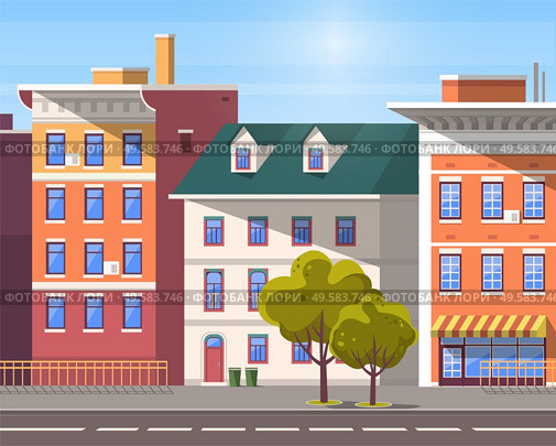 City street vector, empty town with old houses and buildings with fancy rooftops. Urban area residential constructions, skyscrapers and tree decor. Cityscape with houses facades. Flat cartoon. Cityscape with Empty Street and Green Tree Plant. Стоковая иллюстрация, агентство Ingram Publishing / Фотобанк Лори