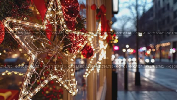 City streets advent Christmas decorations by night. Festive Xmas decor, colorful ornaments in urban setting. Holiday decorations of building or shops glow brightly, shiny stars. Illuminated ornaments. Стоковое AI-видео, аниматор Марина Демидюк / Фотобанк Лори