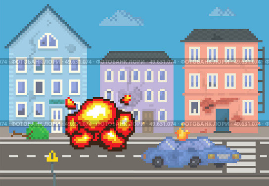City with long road along houses destroyed by explosions. Ruined city downtown landscape with damaged buildings. Design for mobile app, computer game. Passenger car with deformed roof is burning. City with long road along houses destroyed by explosions. Car with deformed roof is burning. Стоковая иллюстрация, агентство Ingram Publishing / Фотобанк Лори