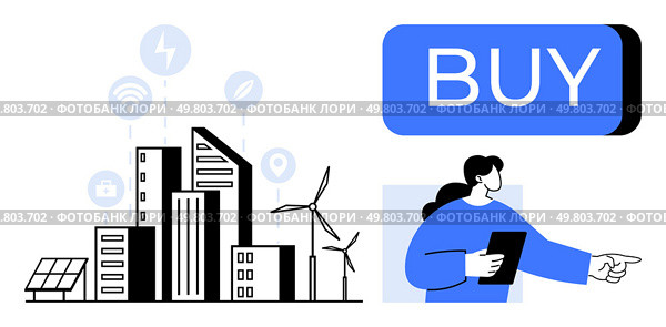 City with wind turbines, solar panels, and digital connectivity icons, person holding tablet pointing towards BUY button. Ideal for smart city concepts, renewable energy, e-commerce, digitization. Modern cityscape with renewable energy and digital icons alongside a BUY button and pointing person. Стоковая иллюстрация, агентство Ingram Publishing / Фотобанк Лори