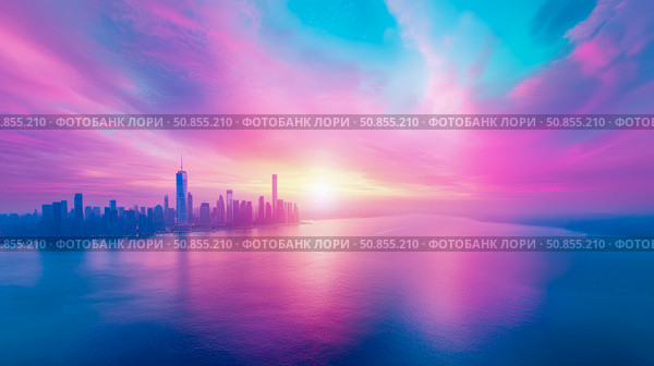 Cityscape at Dawn: A vibrant urban skyline at sunrise with pastel hues reflecting on the tranquil water, creating a serene yet powerful vista. Стоковое AI-изображение, AI-художник Данила Большаков / Фотобанк Лори