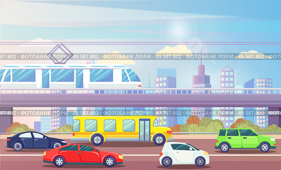 Cityscape vector, streets filled with cars and public transport, train on bridge. Skyscrapers and clouds, bushes and greenery by roads. Bus and vehicles. Cityscape with Transport Cars and Train Urban City. Стоковая иллюстрация, агентство Ingram Publishing / Фотобанк Лори