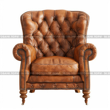Classic brown leather chesterfield armchair exhibiting timeless elegance. Стоковое AI-изображение, AI-художник Иван Рябоконь / Фотобанк Лори