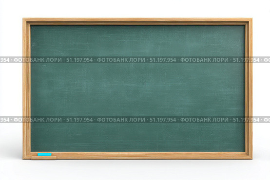 Classic green chalkboard in a wooden frame against a bright white backdrop. Close-up of a blank blackboard. Horizontal black board or wall texture background. School Chalk black board with blue eraser. Стоковое AI-изображение, AI-художник Марина Демидюк / Фотобанк Лори