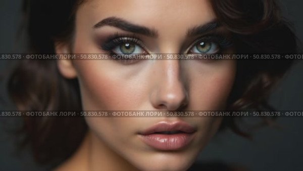 Classic Smokey makeup on woman face, beautiful big eyes. Fashion Perfect makeup, expressive eyes on girl face, smooth black eyebrows, licked brunette hair. Portrait of a woman, skincare concept. Стоковое AI-видео, аниматор Sergey Grishin / Фотобанк Лори