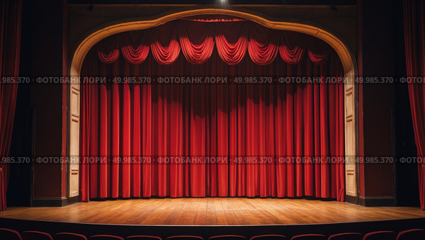 Classic theater stage with vibrant red curtain elegant proscenium and warm lighting before performance. Стоковое AI-изображение, AI-художник Андрей Бакусов / Фотобанк Лори