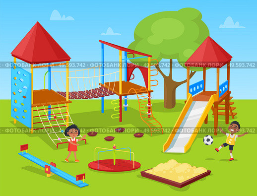 Classmates recreation on school playground, girl and boy playing. Active place with stairs and rope, slide and carusel equipment, green park, pupil vector. Pupils Active on School Yard, Classmate Vector. Стоковая иллюстрация, агентство Ingram Publishing / Фотобанк Лори