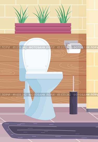 Clean modern WC with white ceramic toilet bowl, paper and brush. Front view of restroom with green plant in pot in cozy beige interior. Water closet with brown wall tiles. Flat vector illustration. Clean modern WC with white ceramic toilet bowl, paper and brush. Water closet with brown wall tiles. Стоковая иллюстрация, агентство Ingram Publishing / Фотобанк Лори