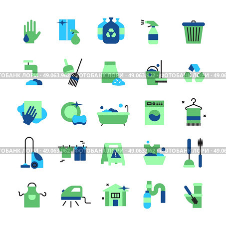 Cleaning Flat Color Icons Set.  Cleaning flat color icons set of household items with vacuum cleaner iron bucket rubber gloves mop brush and broom isolated vector illustration. Стоковая иллюстрация, агентство Ingram Publishing / Фотобанк Лори