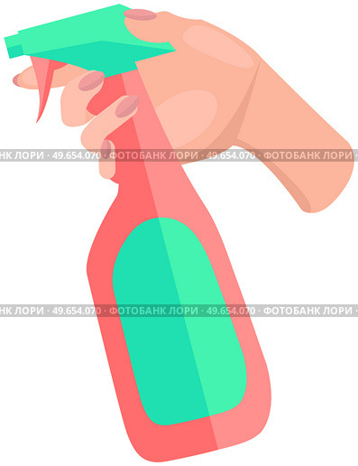 Cleaning spray bottle icon flat vector. Plastic bottle of antiseptic spray. Spraying anti-bacterial sanitizer for cleaning, Premises cleaning, infection control concept. Home and personal hygiene. Spraying anti-bacterial sanitizer, spray cleaner bottle in human hand. Home and personal hygiene. Стоковая иллюстрация, агентство Ingram Publishing / Фотобанк Лори