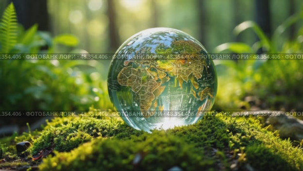 Clear globe is sitting on a mossy patch of ground. Стоковое AI-видео, аниматор Sergey Grishin / Фотобанк Лори