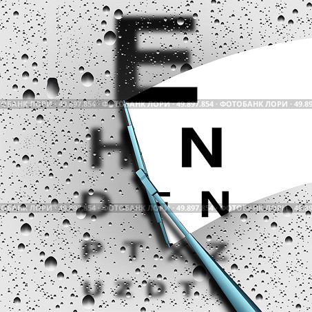 Clear vision out of focus eye test concept as a blurry eye chart with a wiper wiping away water drops for a sharper visual as a medical optometry or opthalmology symbol with 3D illustration elements. Стоковое фото, агентство Ingram Publishing / Фотобанк Лори