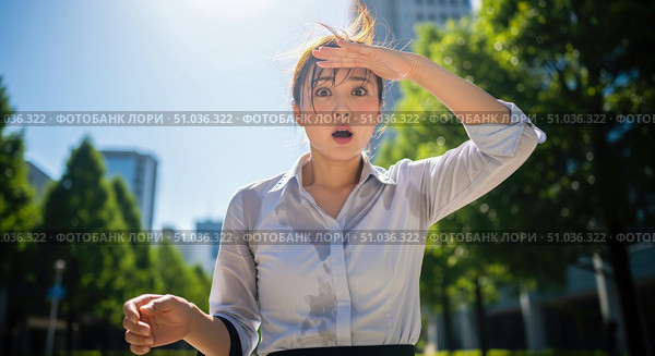 Climate change concept with shocked asian woman suffering from heatwave in city, exhausted businesswoman sweating in hot summer weather for global warming theme background. Стоковое фото, фотограф Павел Муравьев / Фотобанк Лори