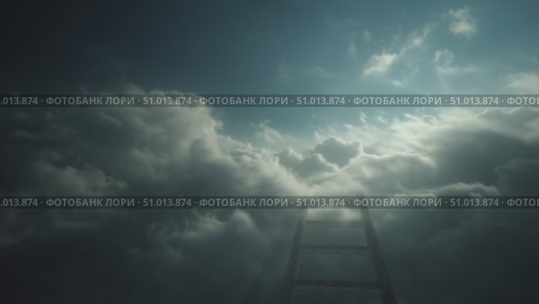 Climbing a ladder through clouds towards bright sunlight in a dramatic sky. Стоковое AI-видео, аниматор Сергей Толмачёв / Фотобанк Лори