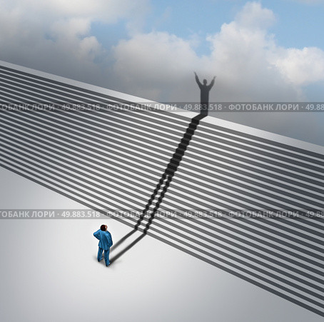 Climbing stairs stairway concept as a cast shadow from a businessman climbs the ladder of success staircase symbol as a business aspirations metaphor for moving up through faith vision and positive thinking. Стоковое фото, агентство Ingram Publishing / Фотобанк Лори