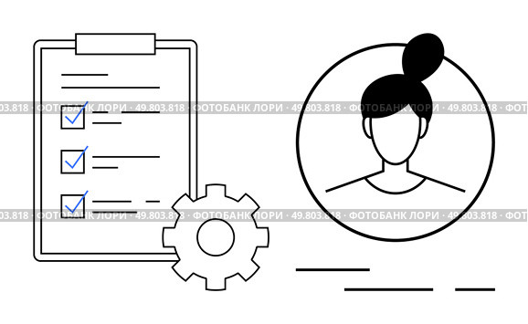 Clipboard with checklist next to gear icon and circular profile of a woman with a bun. Ideal for project management, team tasks, HR processes, profile setups, business planning, productivity. Checklist with Gear Icon and Womans Profile in Circle - Streamlined Task Management Concept. Стоковая иллюстрация, агентство Ingram Publishing / Фотобанк Лори